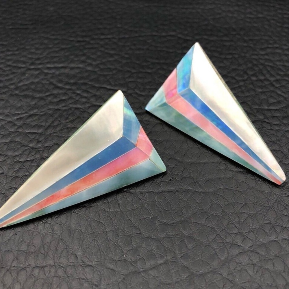Vintage MOP Inlay Earrings Mother of Pearl Multicolor Triangle Silver Tone Studs